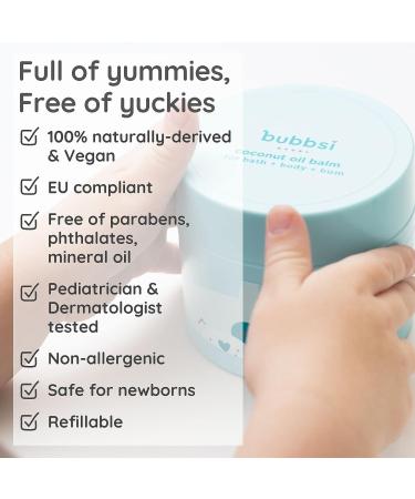 BUBBSI Coconut Baby Oil Balm | Diaper Rash, Eczema, Cradle Cap Relief | 100% Natural & Vegan | Organic Coconut Oil | EU Compliant | 5oz Refillable Jar + 15oz Refill Pouch - Buy Online on GoSupps.com