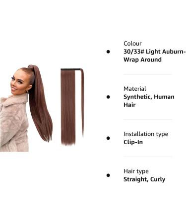 FESHFEN 24 Long Straight Wrap Around Ponytail Hair Extensions | Light Auburn 30/33# | Synthetic Clip in Ponytail Extension for Women - 24 Inch - Buy Online on GoSupps.com