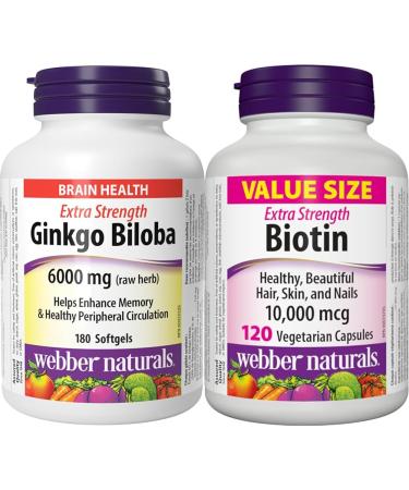 Webber Naturals Ginkgo Biloba 6000 mg 180 Softgels Helps Enhance Cognitive Function and Memory & Biotin 10 000 mcg Extra Strength 120 Capsules Softgels + Biotin 10 000 mcg
