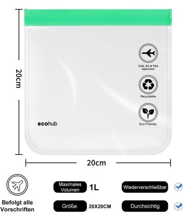 ECOHUB TSA Approved Clear Airport Liquid Bag 20x20cm - 2pcs Green | Travel Toiletry Bag for Men and Women | Airline Approved Clear Plastic Zip Lock Bags - Buy Online on GoSupps.com