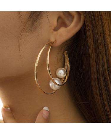 Rumtock Women Fashion Hoop Earrings with Pearl Statement Lightweight Large Open Circle Beaded Earrings