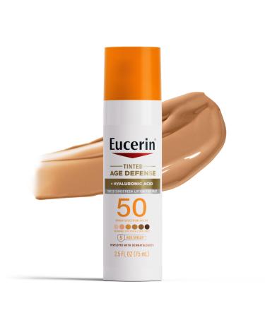 Eucerin Sun Tinted Age Defense Face Sunscreen Lotion SPF 50 with Hyaluronic Acid Tinted Sunscreen for Face Blendable Tint for All Skin Tones Non Comedogenic and Hypoallergenic 2.5 Fl Oz Bottle
