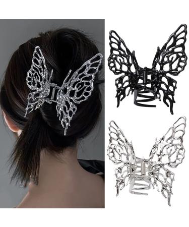 2 Pack Butterfly Metal Large Hair Claw Clips for Women Retro Black Sliver Hair Jaw Clips for Thick Strong Hair Grab Liquid Alloy Fashion Butterfly Hair Accessories for Girls (2 Pack)