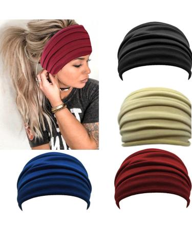 GORTIN Wide Headbands Black Boho Headband Stretch Turban Head Wraps Elastic Yoga Hair Bands Soft Head Bands for Women and Girls 4 pcs