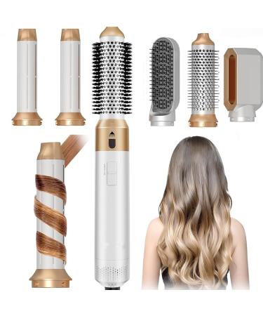 5 in 1 Multi Hair Dryer Styler: High-Speed Negative Ionic Brush for Curling Volumizing Straightening Waves - Professional Salon Tool Gold&white