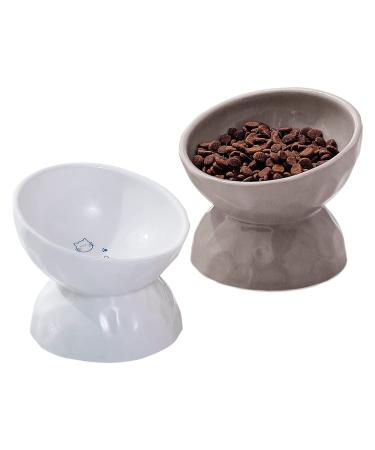 Ceramic Raised Cat Bowls, Tilted Elevated Cat Food and Water Bowls Set, Porcelain Stress Free Pet Feeder Bowl Dish for Cats and Small Dogs, Dishwasher & Microwave Safe - Set of 2 White+Grey