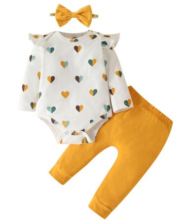 Koonde Baby Girl Clothes Newborn to 24 Months 3-piece Baby Girl Outfits Romper Trouser & Headband 6-12 Months Cream Heart + Yellow