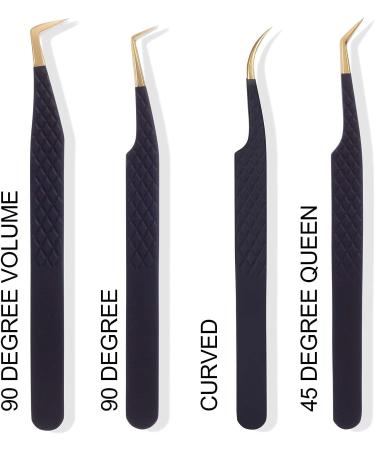 Fiber Tip Lash Tweezers - 4 Pcs Professional Eyelash Extension Kit for Precision Volume Lashes - 90 45 Boot Volume - Black - Buy Online on GoSupps.com