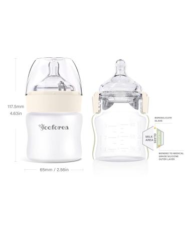 Yooforea Silicone Coated Glass Baby Bottle 0M+ with Slow Flow Nipple - Anti-Colic, Wide Neck Design - Shatter Protection, BPA BPS PVC Free - 3 Ounce Cream Bottle - Buy Online on GoSupps.com