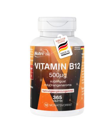 Nutrifair BV Vitamin B12 500 g Lozenges 365 sublingual tablets with orange flavor Methylcobalamin High dosage 100 vegan German production & laboratory testing NutriFair Premium