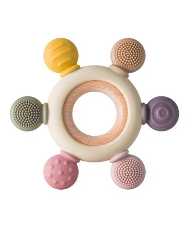 Arudyo Baby Teething Toys Silicone Teethers BPA Free Silicone Rudder with Wooden Ring Soothe Babies Gums (Khaki) - Buy Online on GoSupps.com