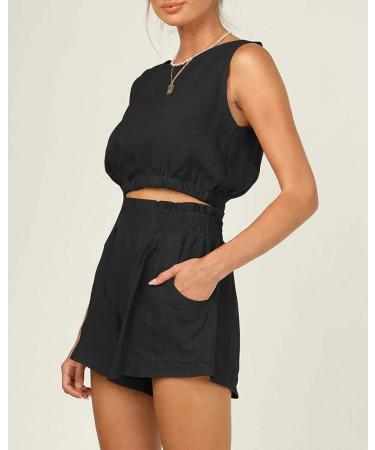 Automet Women's Summer 2 Piece Outfit Set - Sleeveless Crop Top and High Waisted Shorts with Pockets | Black - Size Medium - Buy Online on GoSupps.com