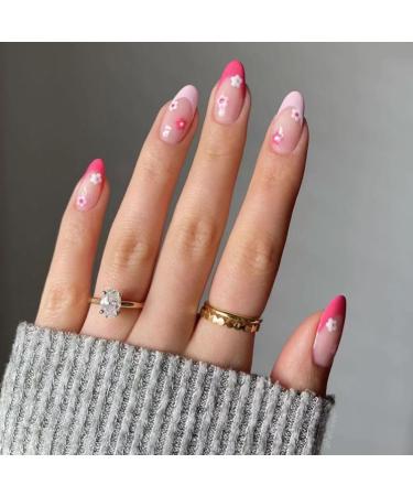 MENILITHS Fresh Pink Flower French Simple and Detachable False Nail Sticker Nail Press on Nail for Women and Girls