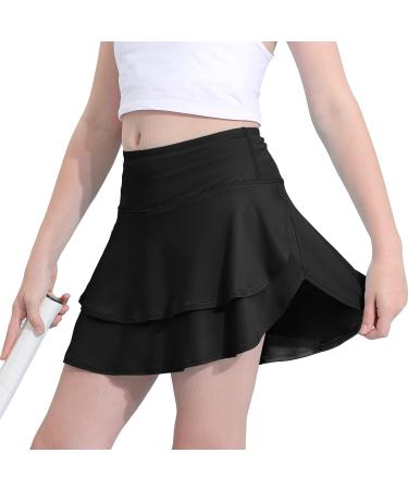 MERIABNY Girls Tennis Skirt with Pockets Shorts High Waisted Athletic Skort for Golf Running School Black 8-9 Years