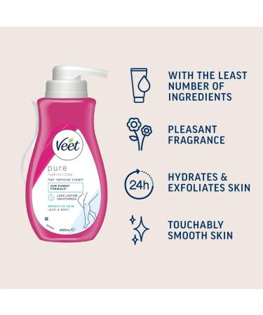 Veet Pure Hair Removal Cream 400ml each (Pack of 3) Legs & Body Sensitive Skin 1 Spatula Long Lasting Smoothness Hydrates & Exfoliates Skin Least Number of Ingredients (Packaging may vary) 400 ml (Pack of 3) - Buy Online on GoSupps.com
