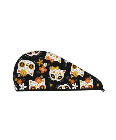 Cat Skulls and Flowers Microfiber Hair Towel Soft Super Absorbent Hair Towel Wrap for Women Coral Velvet Quick Dry Hair Cap for Long Curly and Thick Hair