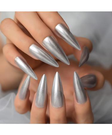 Long Stiletto Silver Glitter Press On Nails - High Gloss Reusable Acrylic Full Cover Fake Nails Kit (24 Pieces) - International Shipping Available - Buy Online on GoSupps.com