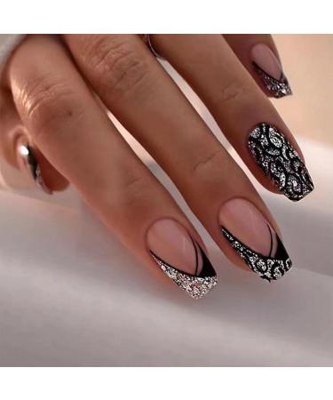Black French Tip Press on Nails Medium Coffin Fake Nails Silver Glitter False Nails with Design Leopard Glue on Nails Short Acrylic Nails Stick on Nails for Women Manicure 24Pcs Style11