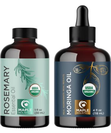Certified Organic Rosemary and Moringa Oils - Pure USDA Organic Rosemary Essential Oil for Hair Skin and Nails Plus Aromatherapy with Cold Pressed Virgin Unrefined Natural Pure Organic Moringa Oil