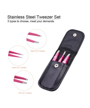 3-Piece Stainless Steel Tweezers Set - Flat Lace & Sloping Tips for Eyebrows & Facial Hair Removal - Rose Red - Perfect for Home & Gift - Buy Online on GoSupps.com