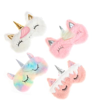 AUXSOUL Unicorn Kids Sleep Mask 4 Pieces Cartoon Animal Plush Sleep Eye Cover Cute Eye Cover for Sleeping Soft Unicorn Horn Cover for Girls Women Kids