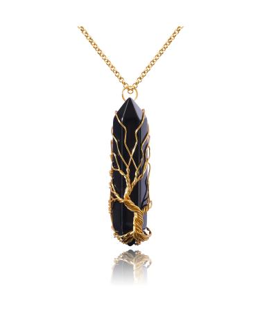 Healing Crystal Necklace Tree of Life Wire Wrapped Natural Stone Point Pendant Necklace Hexagonal Reiki Spiritual Quartz Gemstone Jewelry for Women Men Black Agate-Gold