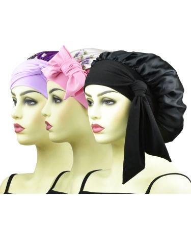 Satin Bonnet Silk Bonnet for Sleeping Curly Hair Bonnets Women Large Silk Sleep Bonnet Night Cap Satin Bonnets with Tie Band Black+pink Floral+purple Floral