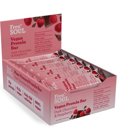 Free Soul Vegan Protein Bar, High Protein, Low Sugar, Dairy Free Chocolate Coated Plant Based Snack with Gooey Core (12 x 50g) (Dark Chocolate & Raspberry)
