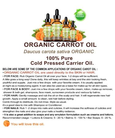 Organic Carrot Oil 100% Natural Cold Pressed Carrier Oil 1 Fl. oz. - Botanical Beauty for Face Body Hair & Nail Care - Buy Online on GoSupps.com