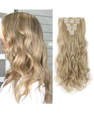 Silk-co 17 inch 8PCS Hairpiece Clip in Hair Extensions Blond&Bleach Blond 100% Synthetic Hair Piece Long Curly Wavy for Full Head 17 Inch Curly #Blond&Bleach Blond