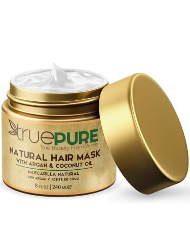 TruePure Argan Oil Hair Mask Conditioner for Dry Damaged Hair - Deep Conditioning Hydrating Hair Repair Treatment with Coconut  Caffeine  Jojoba - Stronger  Thicker & Fuller Hair Growth - 8oz