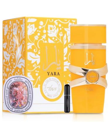 Bundle of Lattafa Perfumes Yara Tous 3.4oz Eau De Perfume with 1 Travel Refillable Bottle(5ML) & 1 Scented Car Freshener Card