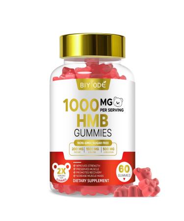 BIYODE HMB Gummies for Women 1000mg HMB: 1500mg L-Leucine 500mg L-Glutamine Muscle & Bone Support with Calcium Sugar-Free Non-GMO Strawberry Flavor 60 Gummies