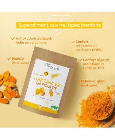 Curcuma BIO Premium en Poudre 250g | Jusqu 5% de Curcumine | Articulations Mobilit Digestion Peau | Sans Gingembre Sans Pip rine Ni Poivre Noir | Pas en G lules | Terravita - Buy Online on GoSupps.com