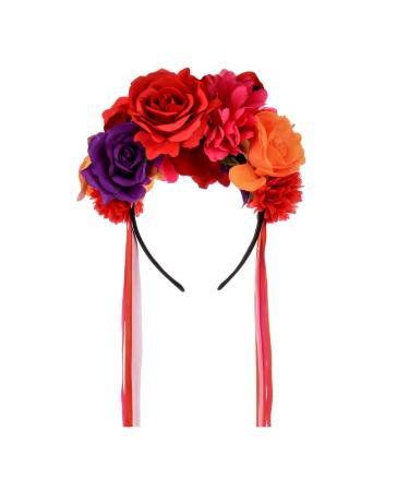 Floral Fall Day of the Dead Flower Crown Festival Headband Rose Mexican Floral Headpiece HC-23 (Red Purple)