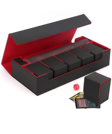 Scimi Premium Trading Card Storage Box TCG Deck Case Holds 800+ Sleeved Cards for MTG, YuGiOh, Uno, TCG, Pokemon Cards, Sport Cards with Mat Case and Strong Magnet Closure (Black & Red) Black/Red