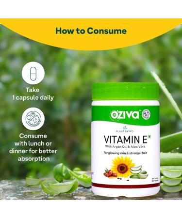 OZiva Plant Based 100% Natural Vitamin E + Aloe Vera + Argan Oil for Glowing Skin & Stronger Hair 30 Veg Capsules Non GMO - Buy Online on GoSupps.com
