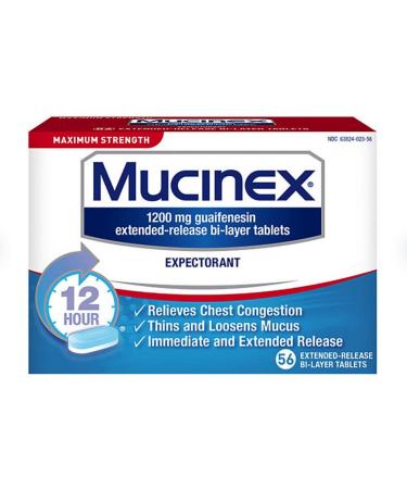 2 Pack of Mucinex 12 Hour 1200mg Maximum Strength Guaifenesin Chest Congestion & Mucus Relief Guaifenesin Expectorant Aids Mucus Removal Chest Decongestant for Adults Dr Recommended 56 ct Tablets