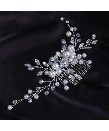 Chargances Bride Pearl Rhinestone Hair Comb Wedding FlowerCrystal Hair Vine Comb Dainty Fashion Beaded Handmade Hair Accessories for Women Bridesmaid Girls (Silver) - Buy Online on GoSupps.com