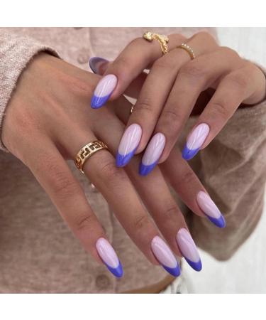 Bufenia artificial fingernails simple lines medium length ballerina French tip for pressing full cover for sticking on nails 24 pieces for women and girls (a)