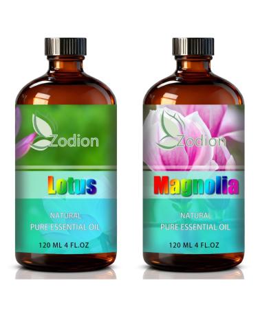 Magnolia Essential Oil 4 Fl Oz and Lotus Essential Oil 4 Fl Oz - ZODION Magnolia & Lotus Oil for Diffuser Aromatherapy Home Fragrance Skin & Hair Care DIY Candle & Soap Making Yoga