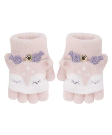 Toddler Kids Puppy Flip Top Short Knitted Half Finger Gloves for 3-8 Yrs Elk/Pink