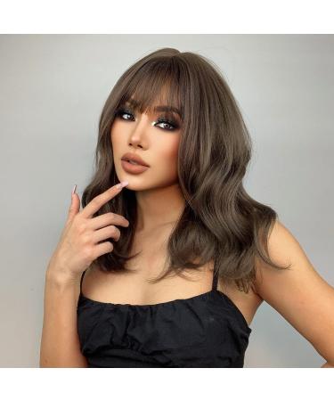 EMMOR Short Curly Wavy Bob Wig with Bangs - Brown | Shoulder Length Synthetic Heat Resistant Wig for Women - Buy Online on GoSupps.com