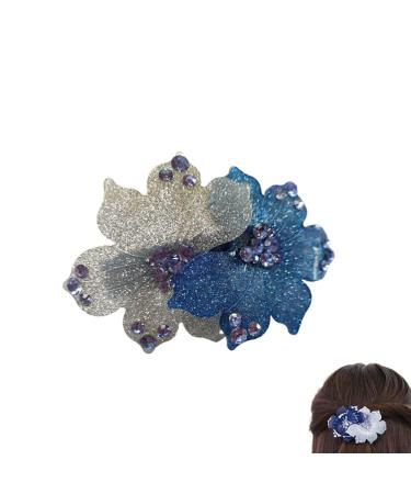 Fashion Rhinestone French Barrette Hair Clip  Two-Tone Floral Flower Hairpin Clip Headdress for Women Ladies Hair Accessories (Blue)