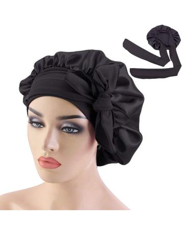 Wide Band Satin Bonnet Cap Bonnets for Women Silky Bonnet for Curly Hair Women Hair Wrap for Sleeping (Black)