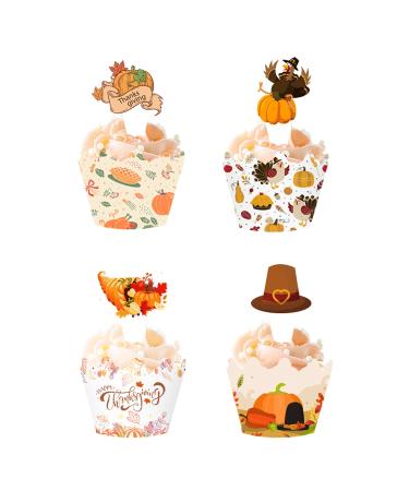 48 Pieces Thanksgiving Cupcake Toppers Cupcake Wrappers Kit Pumpkin Fall Cake Toppers for Harvest Day Autumn Cake Decoration(4 Style)