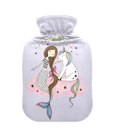 Cute Mermaid with Magic Unicorn Hot Water Bottle with Cover Soft Warm for Winter Bed Hand Neck and Shoulders 1L