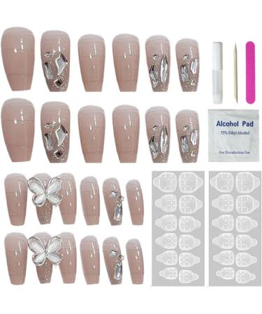 Long Press on Nails French Tip Fake Nails with 3D Butterfly Rhinestones Designs Glossy Full Cover Acrylic Nails for Women Style 1 Long Press On Nails - Buy Online on GoSupps.com