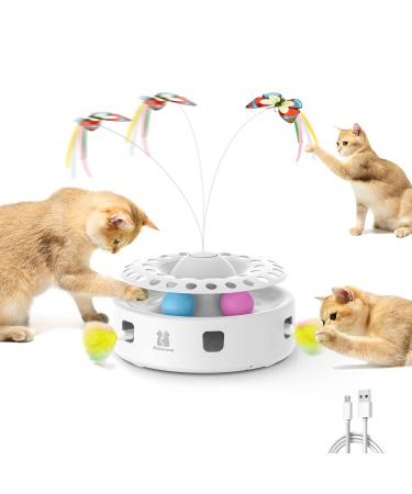 Potaroma Cat Toys 3-in-1 Smart Interactive Electronic Kitten Toy, Fluttering Butterfly, Random Moving Ambush Feather, Catnip Bell Track Balls, Dual Power Supplies, Indoor Exercise Cat Kicker Bright White 3in1 Cat Toy