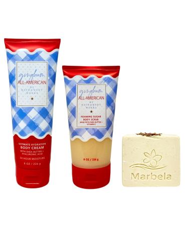 Bath & Body Works Gingham All-American Ultimate Hydration Body Cream and Foaming Sugar Body Scrub with a Creamy Rose Bar Soap
